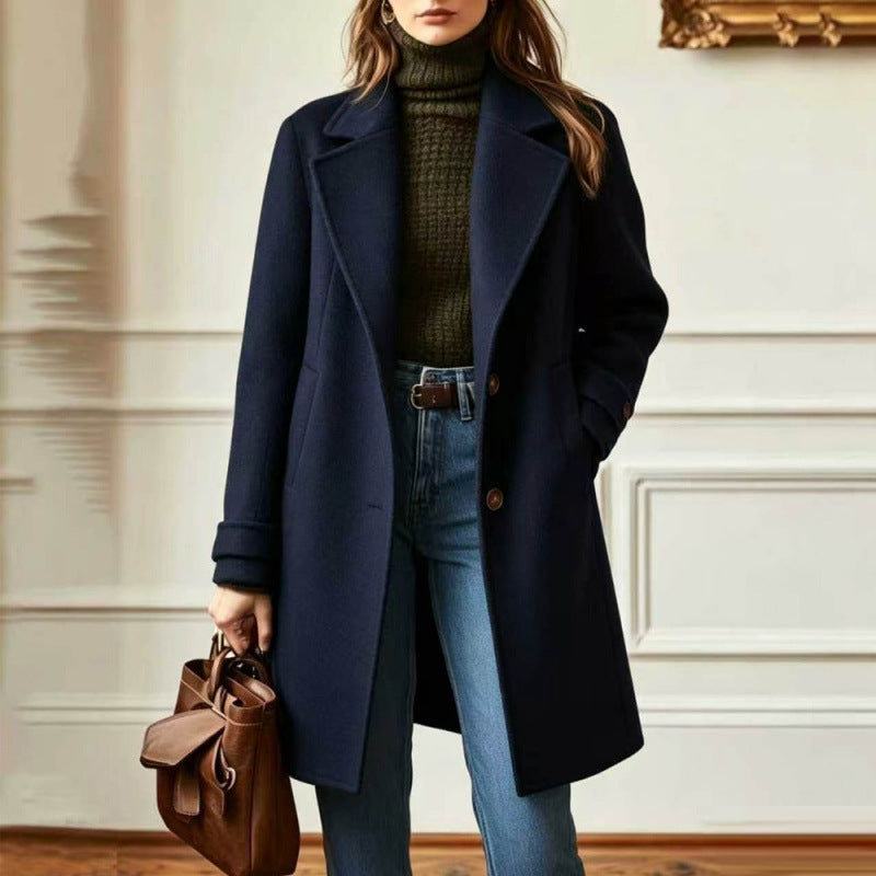Cross-Border 2026 Autumn And Winter New Retro Casual Style Mid-Length Lapel Coat Women's Woolen Coat