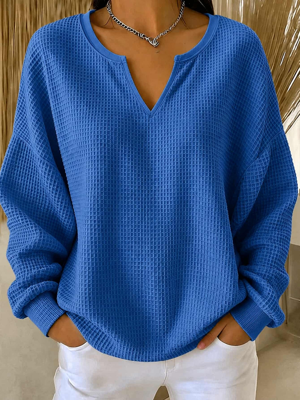 Women's Casual Loose-fit Waffle-knit Long-sleeve T-shirt