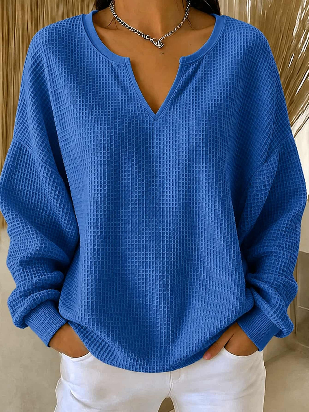 Women's Casual Loose-fit Waffle-knit Long-sleeve T-shirt