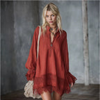 Womens Lace-Trimmed Long-Sleeve Mini Dress