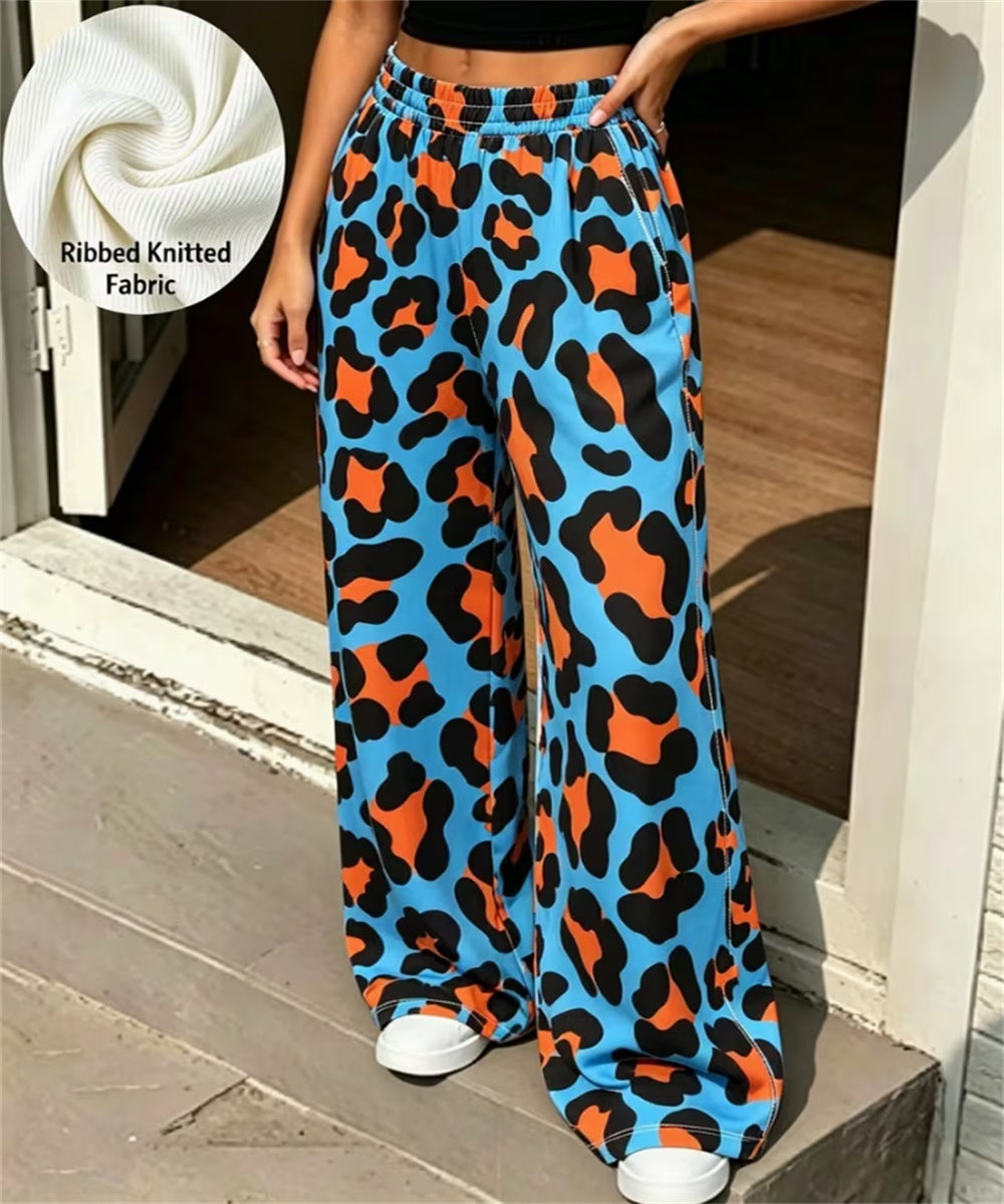 Women Ribbed Knit Wide Leg Pants, Bold Blue Orange Leopard Print High Waist Loose Casual Loungewear Trousers With Pockets