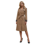 New Women's Trench Coat With Leopard Print Decoration, European And American Style, Long-Sleeve, European Size, Fashion Double-Breasted With Belt 2602