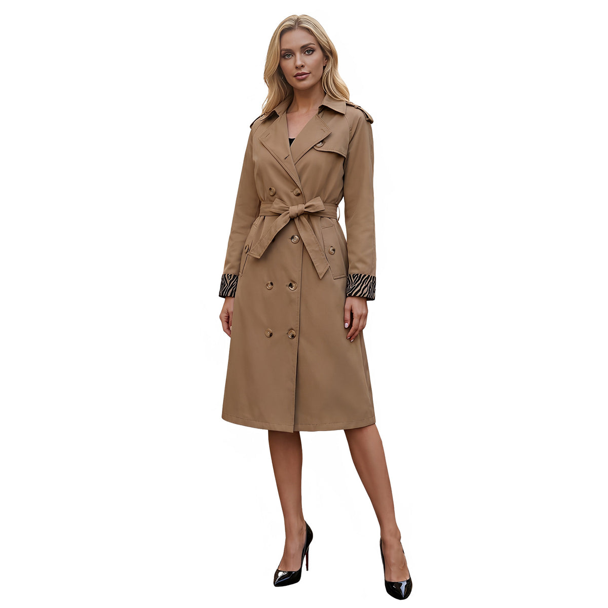 New Women's Trench Coat With Leopard Print Decoration, European And American Style, Long-Sleeve, European Size, Fashion Double-Breasted With Belt 2602