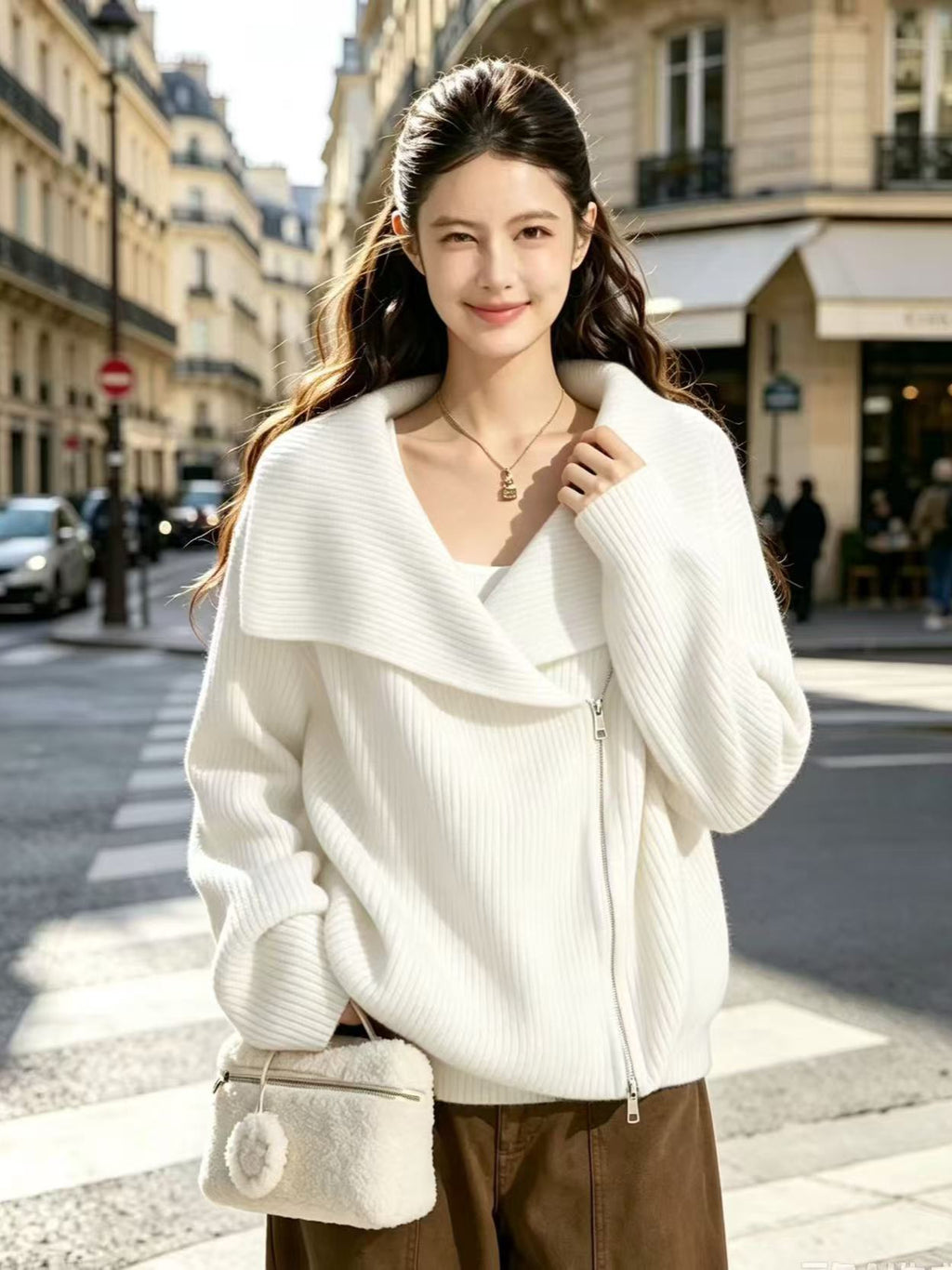 Women's Lapel Double-Zipper Knit Cardigan, New Arrival For Autumn And Winter, Loose Casual Lazy-Style Sweater Coat For Women
