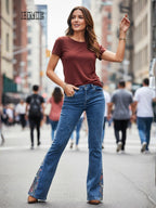 Women Embroidered Flare Jeans High Waist Dark Blue Vintage Denim Pants Floral Detail Y2K Bell Bottom Jeans Wholesale Ready Stock