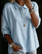 Womens Solid-Color Button-Down Loose Casual Shirt