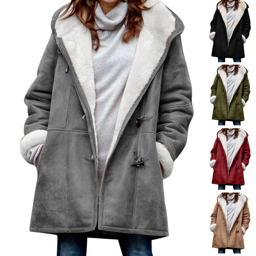 Grey Shearling-Trim Hooded Coat