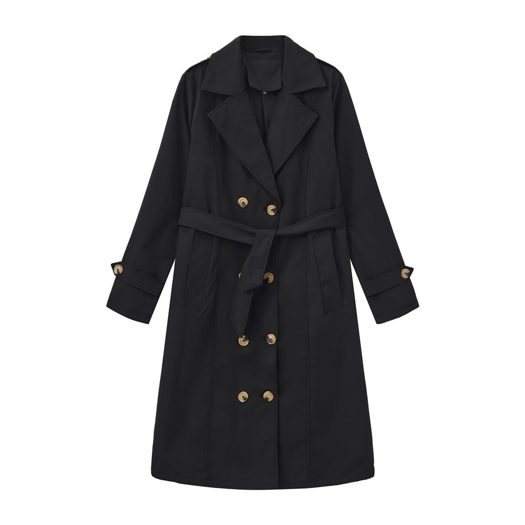 Casual Waist Cinching Trench Coat For Fall Winter, Elegant Long Women Outerwear With Double Breasted Design, Model
