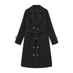 Casual Waist Cinching Trench Coat For Fall Winter, Elegant Long Women Outerwear With Double Breasted Design, Model