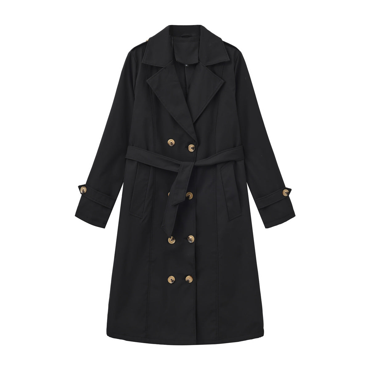 Casual Waist Cinching Trench Coat For Fall Winter, Elegant Long Women Outerwear With Double Breasted Design, Model