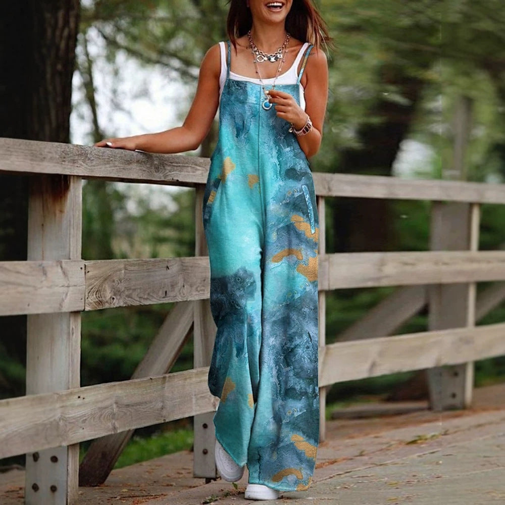 Fashion Women's Printed Crossbody Pocket Wide-Leg Jumpsuit