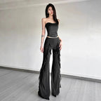 Versatile Solid-color High-waisted Flared Trousers With Flowing Lines Delicate Lace Detailing