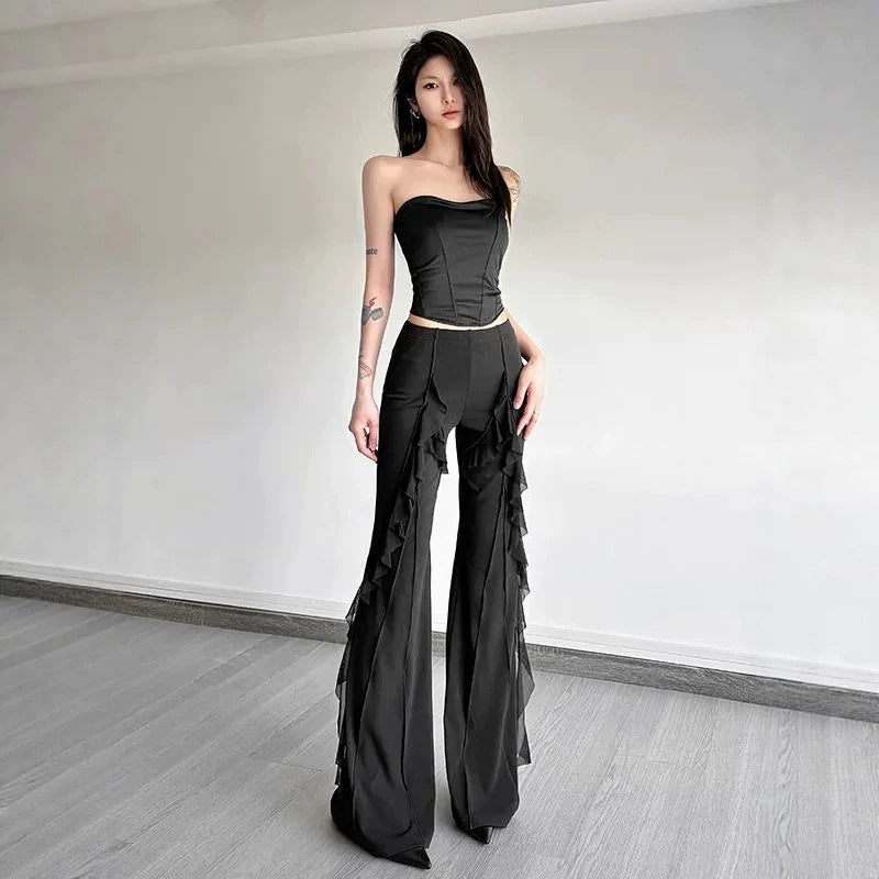 Versatile Solid-color High-waisted Flared Trousers With Flowing Lines Delicate Lace Detailing