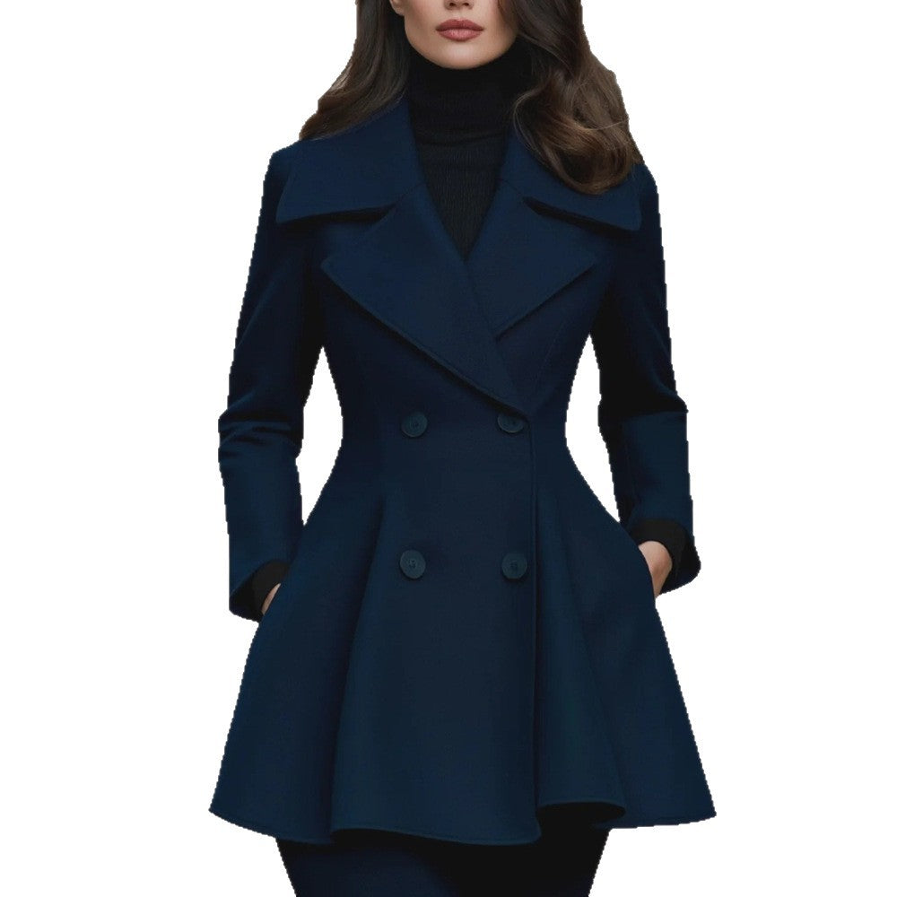 2026 Europe And The United States Cross-border Foreign Trade Autumn And Winter New Independent Station Solid Color Lapel Coat Double-breasted Long Sleeve Women's Coat