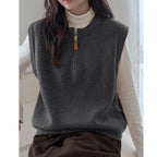Dark Gray Crew-neck Half-zip Knit Vest Layered Over A Gray College-style Sweater Vest