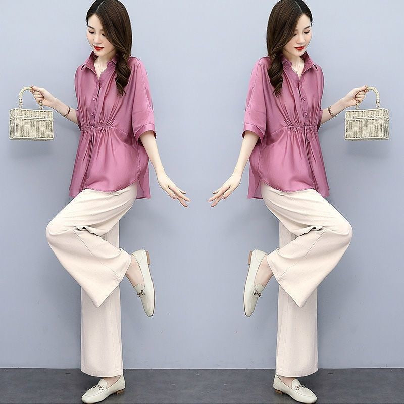 Casual Chic Plus-size Wide-leg Pants Linen Two-piece Set With A Flowing Drape