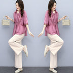 Casual Chic Plus-size Wide-leg Pants Linen Two-piece Set With A Flowing Drape