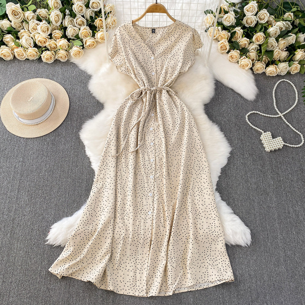Womens Solid-Color Polka-Dot V-Neck Short-Sleeve Dress
