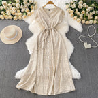 Womens Solid-Color Polka-Dot V-Neck Short-Sleeve Dress