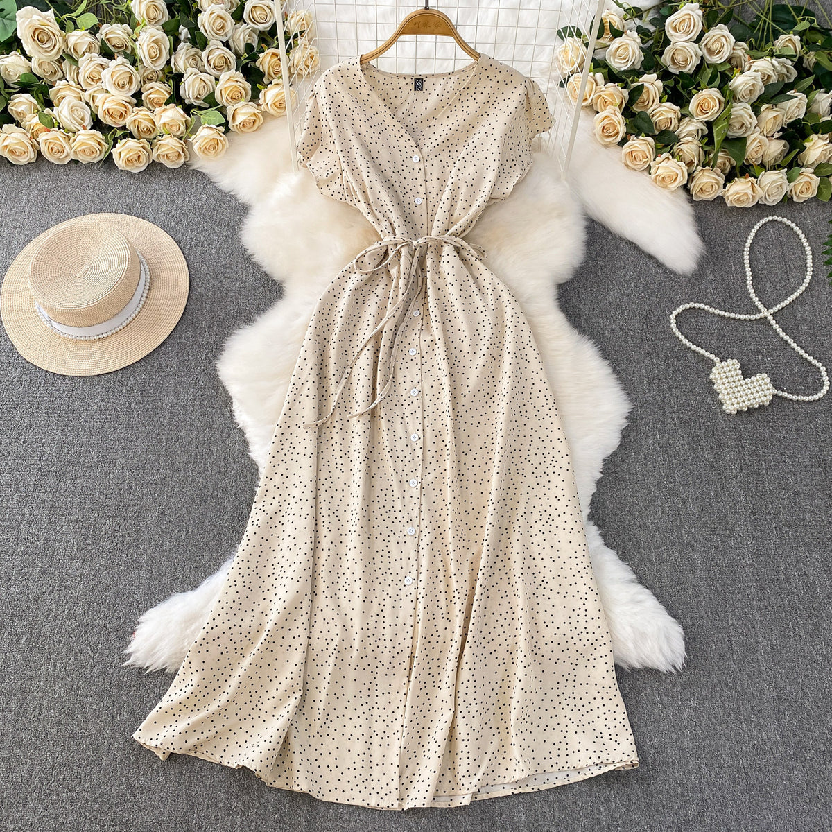 Womens Solid-Color Polka-Dot V-Neck Short-Sleeve Dress