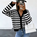 Womens Fashionable Contrasting-Color Striped Knitted V-Neck Coat