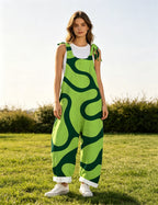 Women Abstract Swirl Print Overalls, Tie Shoulder Wide Leg Bib Pants Casual Summer Jumpsuit