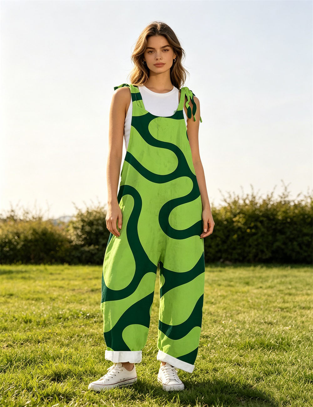 Women Abstract Swirl Print Overalls, Tie Shoulder Wide Leg Bib Pants Casual Summer Jumpsuit