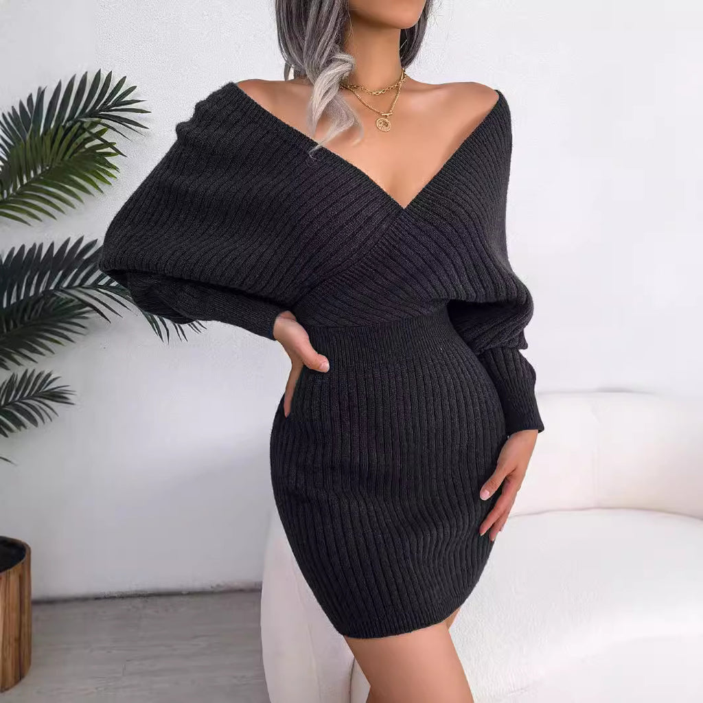 2026 Autumn Winter Sexy Cross V Neck Bat Skirt With Hip Wrapping, Hairy Dress