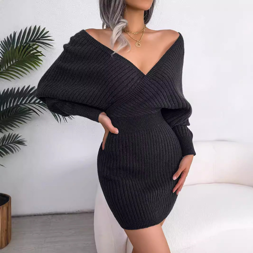2026 Autumn Winter Sexy Cross V Neck Bat Skirt With Hip Wrapping, Hairy Dress