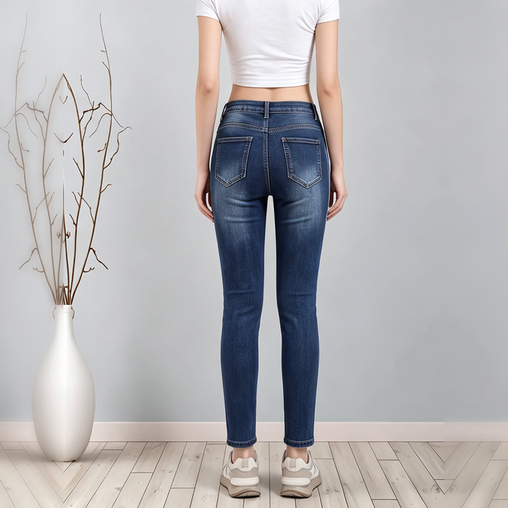 Women High Waist Washed Blue Straight Leg Jeans, Casual Stretch Slim Denim Pants With Pockets