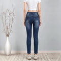 Women High Waist Washed Blue Straight Leg Jeans, Casual Stretch Slim Denim Pants With Pockets
