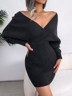 2026 Autumn Winter Sexy Cross V Neck Bat Skirt With Hip Wrapping, Hairy Dress