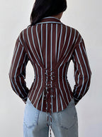 Autumn New Style Contrast Color Vertical Stripe Slim-Fit Shirt For Women, European And American Style Long Sleeve Slimming Commuter Top For Ladies