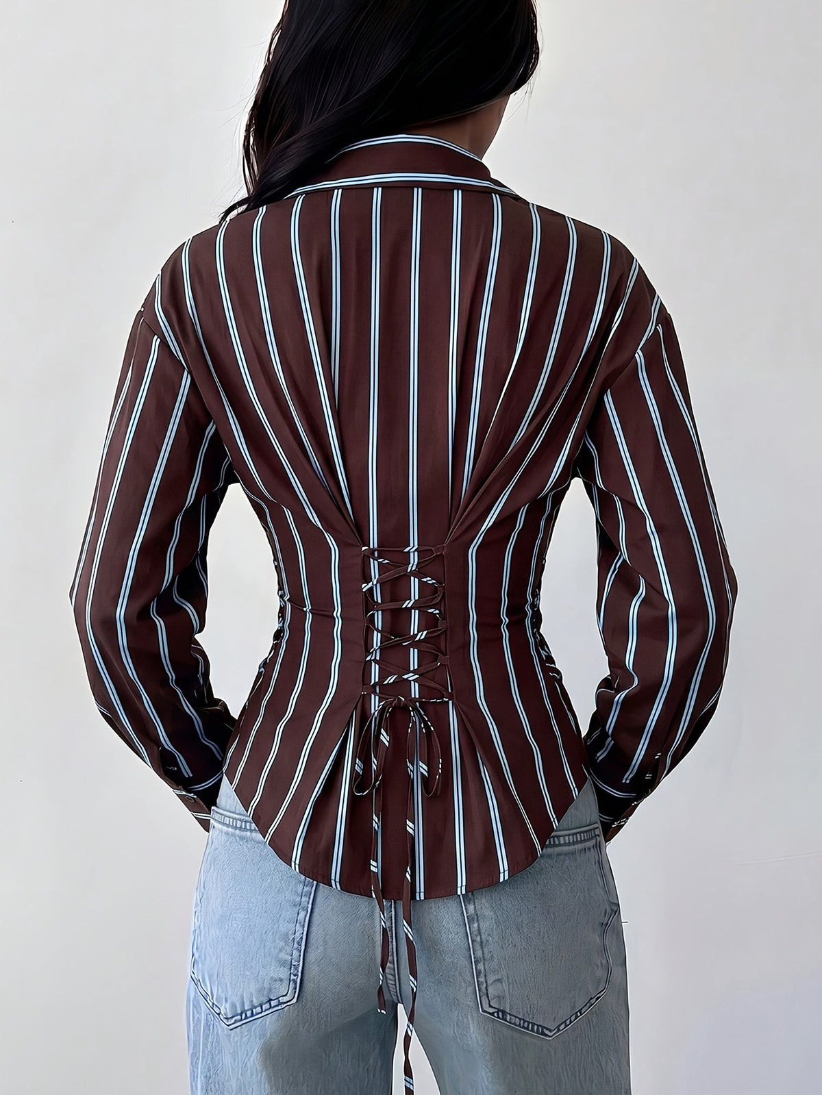 Autumn New Style Contrast Color Vertical Stripe Slim-Fit Shirt For Women, European And American Style Long Sleeve Slimming Commuter Top For Ladies