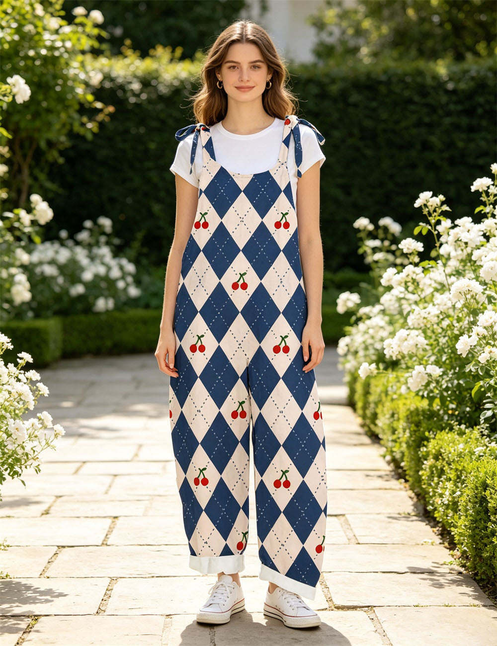 Women Floral Stripe Print Overalls, Adjustable Tie Shoulder Wide Leg Bib Pants Casual Jumpsuit