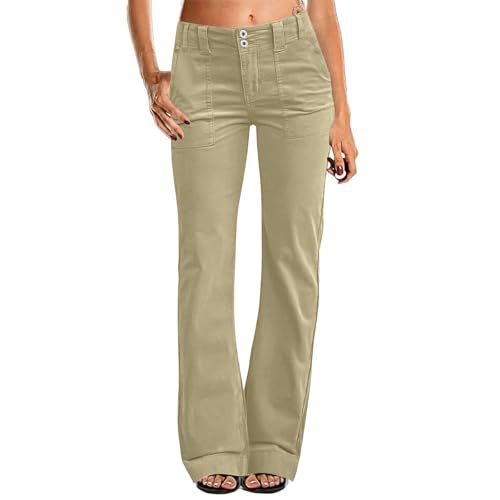 Women's Multi Pocket Stretch Elastic Waist Twill Cotton Pants High Waisted, Comfortable Form Fitting Formal Casual Wide Leg Pants