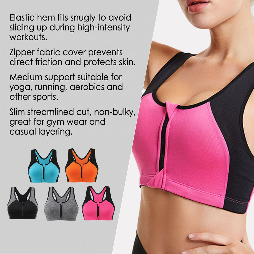 Front Zip Supportive Sports Bra - Anti-Cup Migration Design for Women High Impact Workout Fitness Top