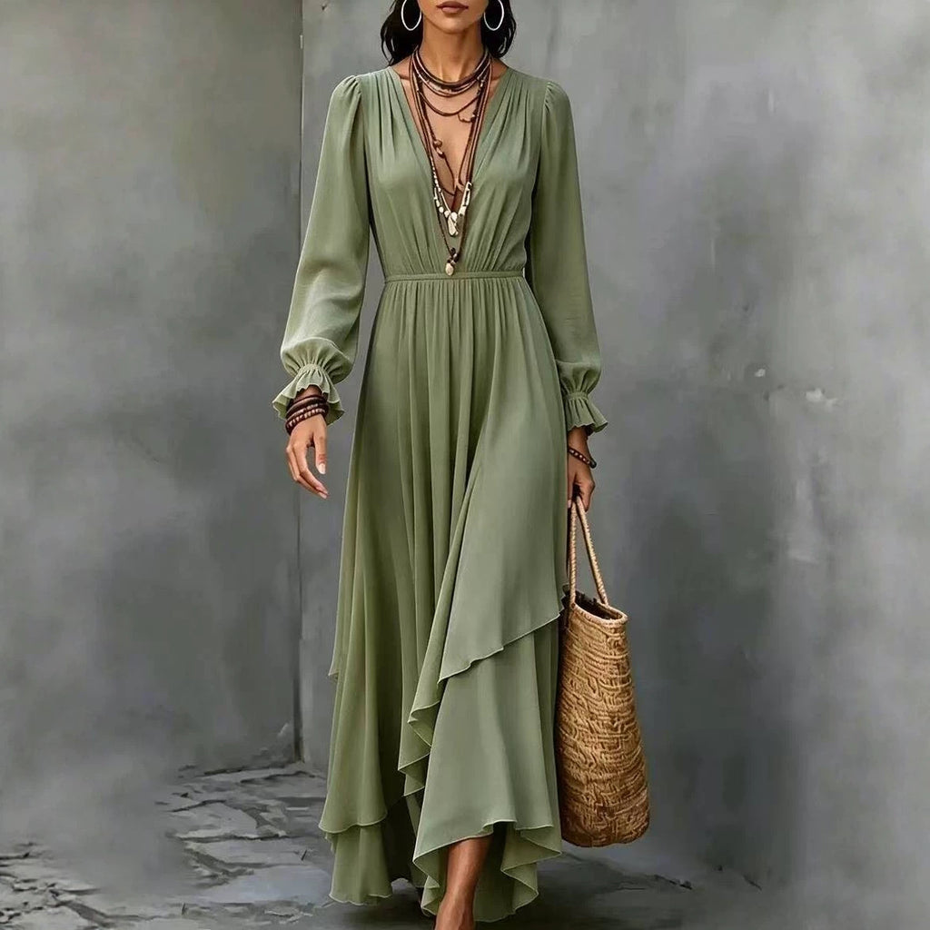 Solid-color V-neck Asymmetrical Chiffon Long-sleeve Dress With Ruffled Hem
