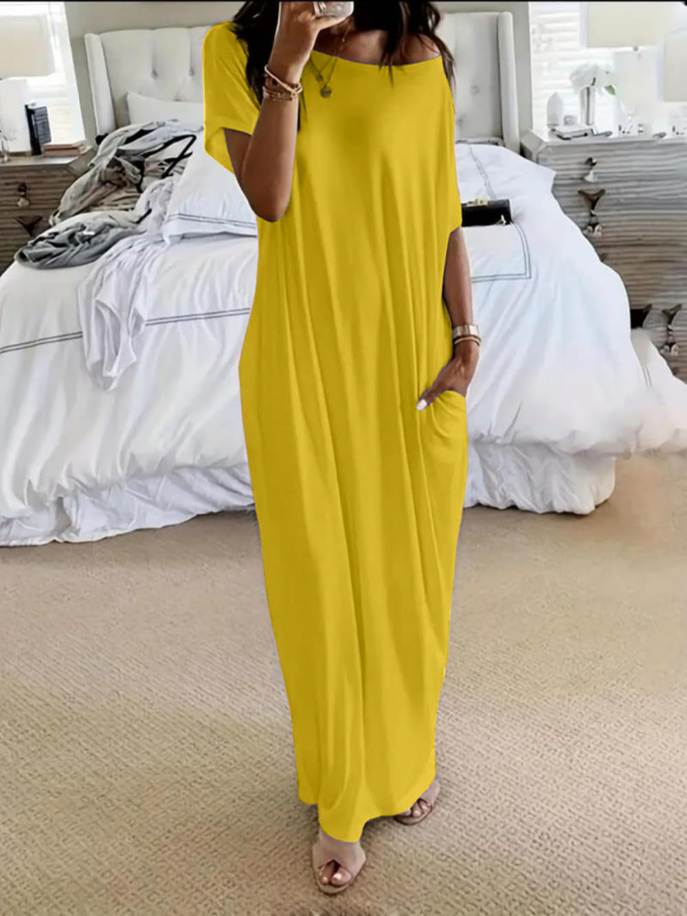 Trendy New Summer Women's Solid Color Short Sleeve Long Casual Dress