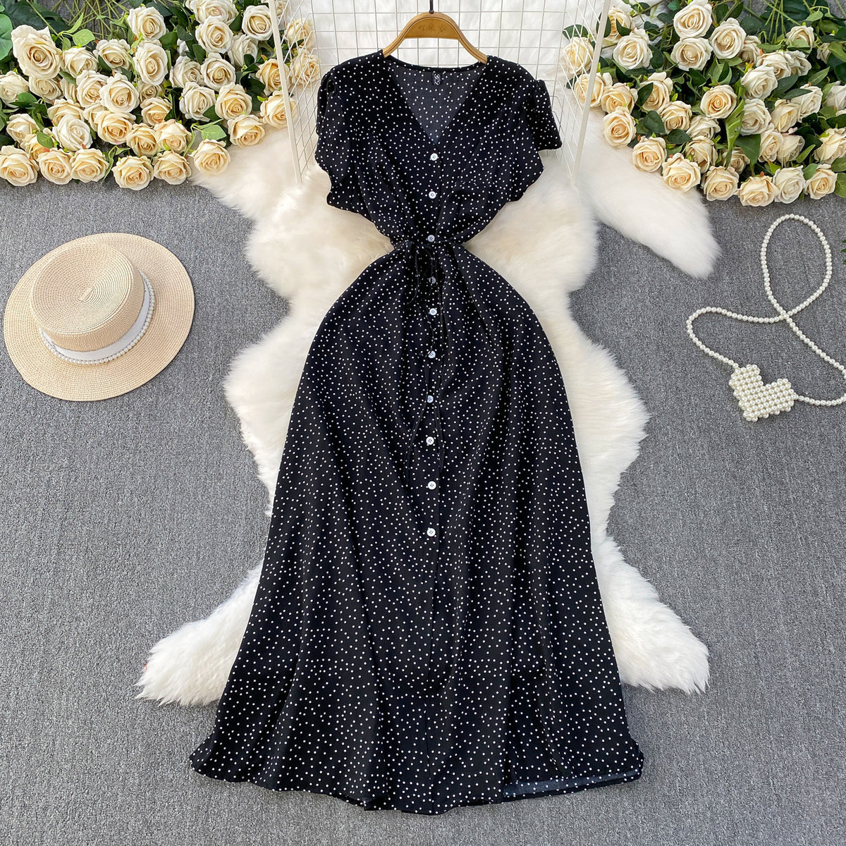 Womens Solid-Color Polka-Dot V-Neck Short-Sleeve Dress