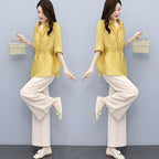 Casual Chic Plus-size Wide-leg Pants Linen Two-piece Set With A Flowing Drape