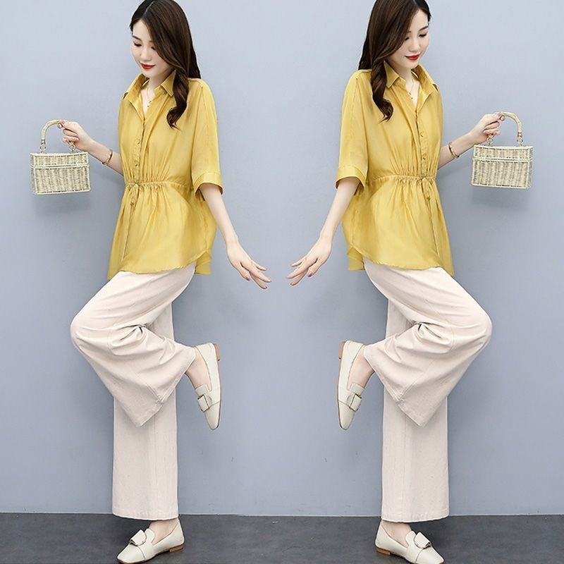 Casual Chic Plus-size Wide-leg Pants Linen Two-piece Set With A Flowing Drape