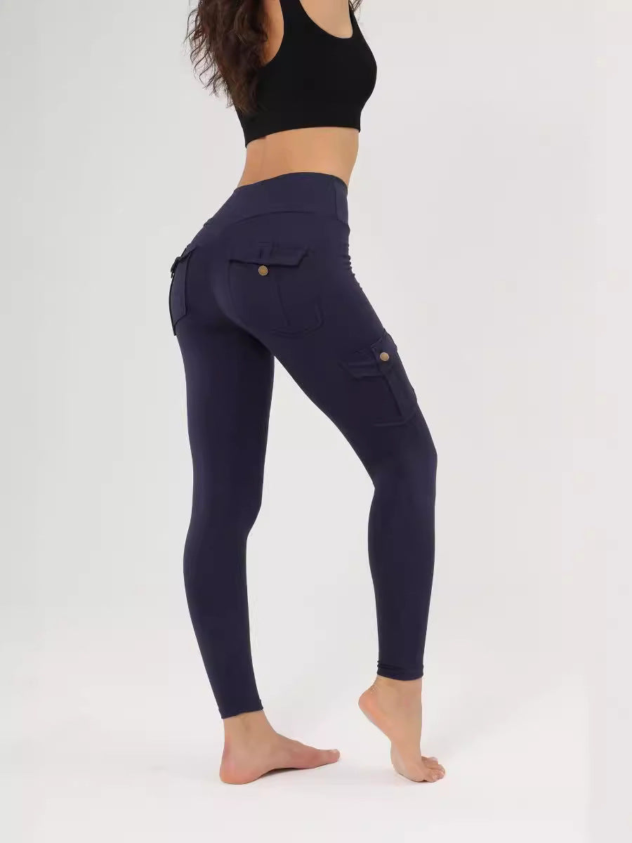 Amazon Wish Cross-border Breathable Hip Lifting Button Pocket Sports Brushed Nude Yoga Slimming Tight Leggings