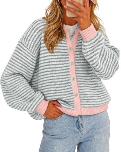 Hot Selling Women's Fall Winter Casual Striped Button Cardigan Knit Sweater Top