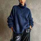 Womens Solid-color Loose-fitting Turtleneck Sweater In Soft Plush Knit