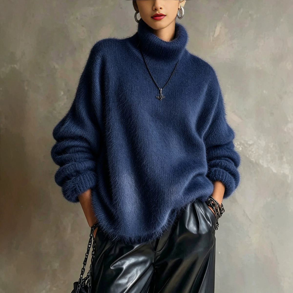 Womens Solid-color Loose-fitting Turtleneck Sweater In Soft Plush Knit