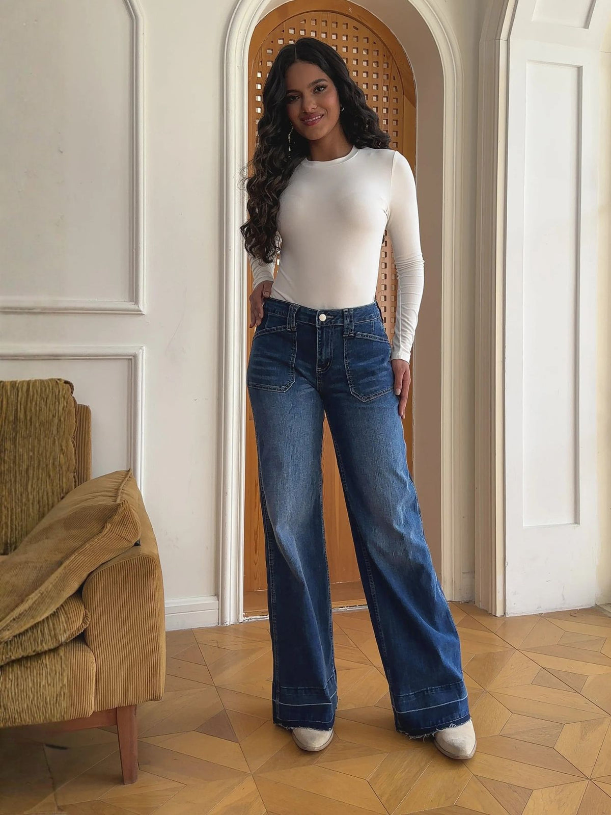 Women Dark Blue Wide Leg Jeans High Rise Denim Pants Casual Loose Fit Full Length Jeans Wholesale Ready Stock