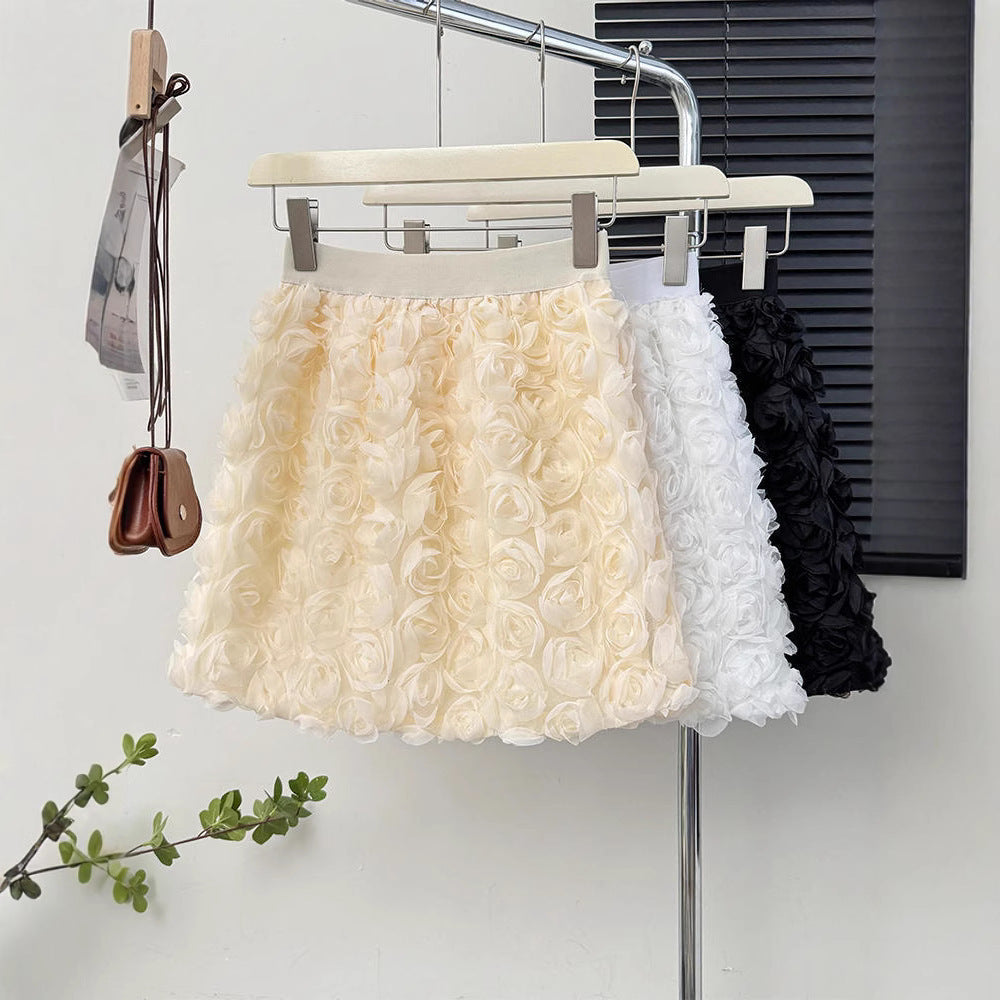 White High-waisted Three-dimensional Rose-decorated Feminine Skirt