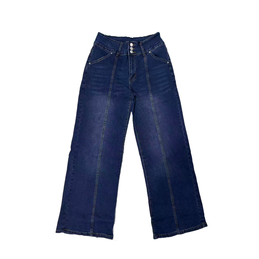 US Ready Stock Women High Waist Wide Leg Jeans Triple Button Denim Pants Front Seam Loose Fit Jeans Wholesale