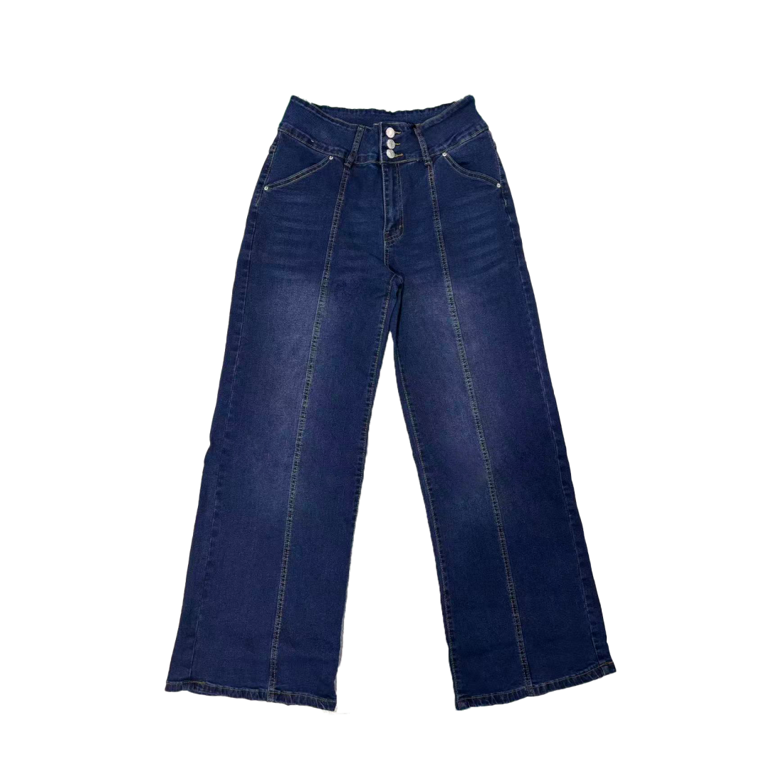 US Ready Stock Women High Waist Wide Leg Jeans Triple Button Denim Pants Front Seam Loose Fit Jeans Wholesale